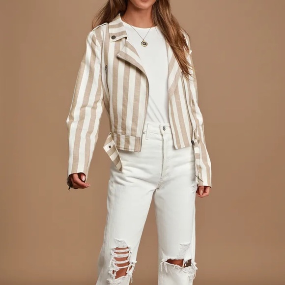 Vacation Signature Taupe and Ivory Striped Belted Moto Jacket - Picture 4 of 5